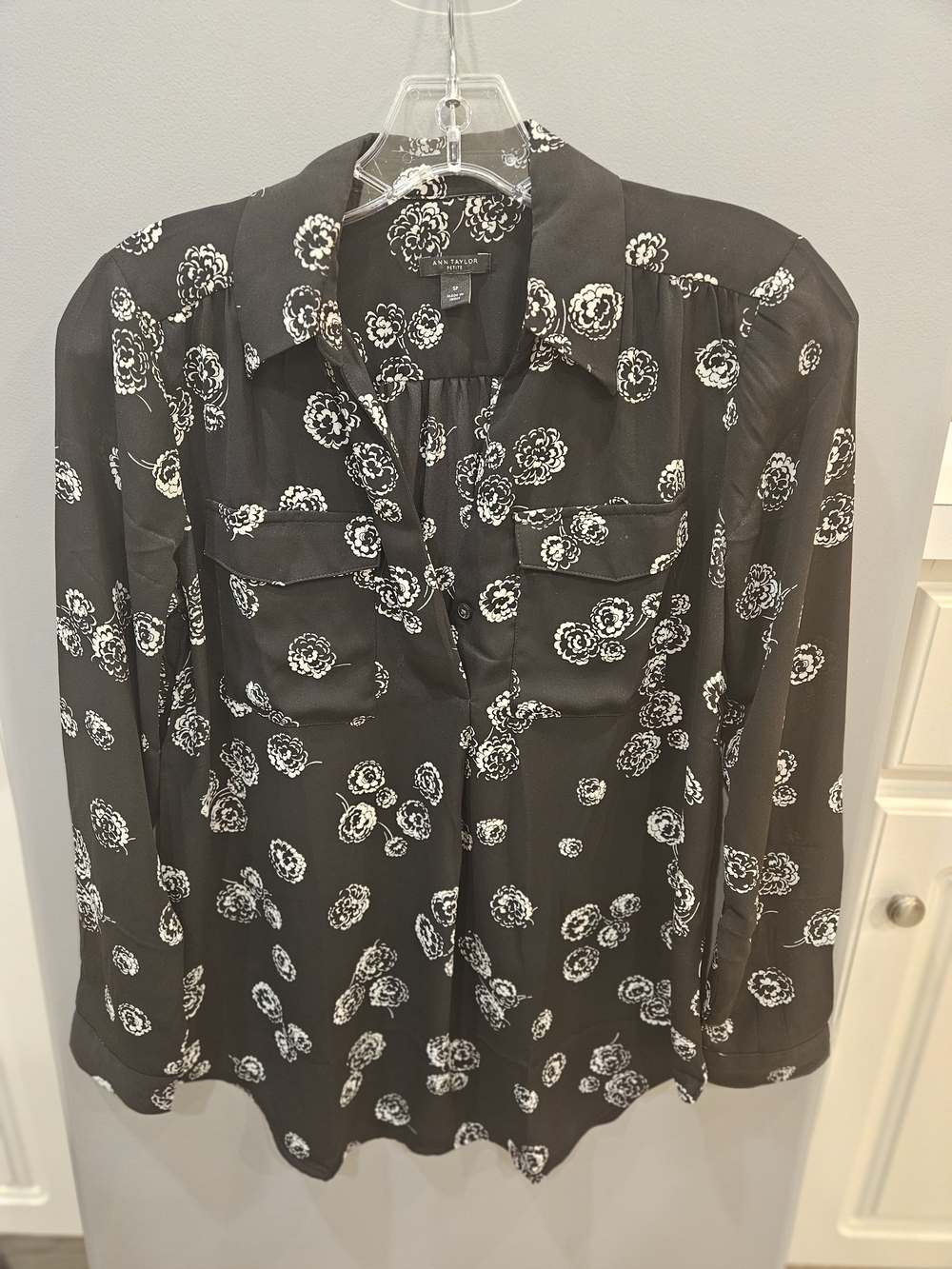 Ann Taylor Black Button-Down Blouse with White Floral Print